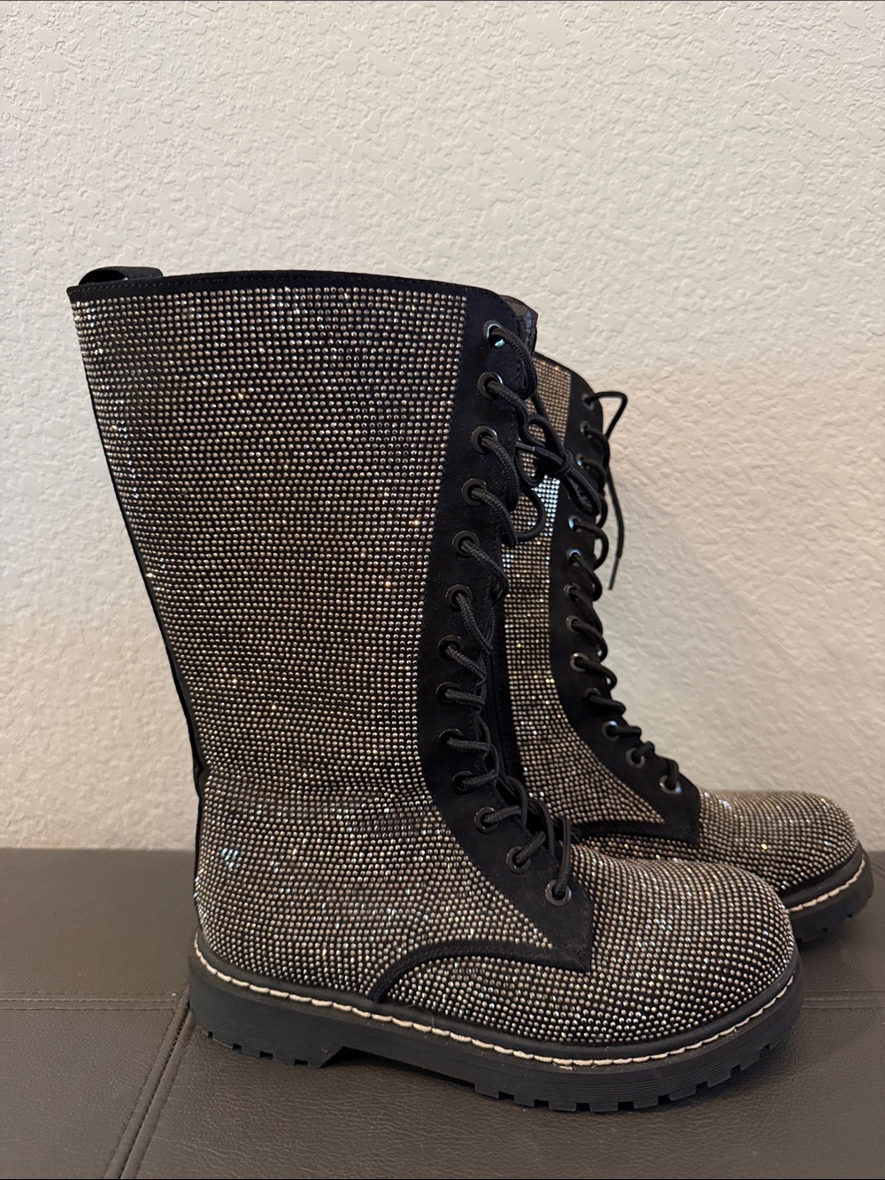 Betsey Johnson Black and Silver Glitter Lace-Up Mid-Calf Combat Boots Size:8Wide